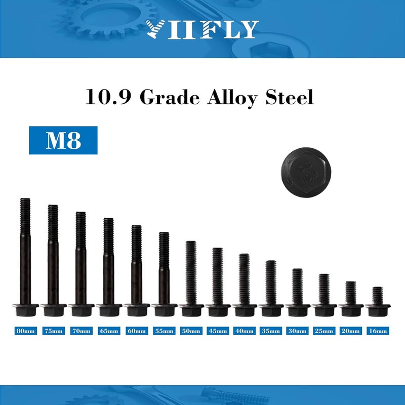 YIIFLY M8 x 80mm Flanged Hex Head Bolts Flange Hexagon Screws, M8x1.25 Bolt, 10.9 Grade Alloy Steel, Hexagon Head Bolts, Black Zinc Finish, Half Thread,Quantity 6 - Image 2